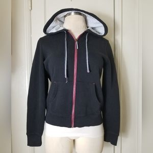TOMMY HILFIGER black long sleeve zipper hoodie pink accents pockets elbow patch